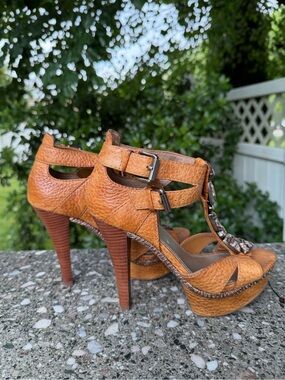Fergie Cognac Tan Textured Leather High Heel Sandals with stone Accent